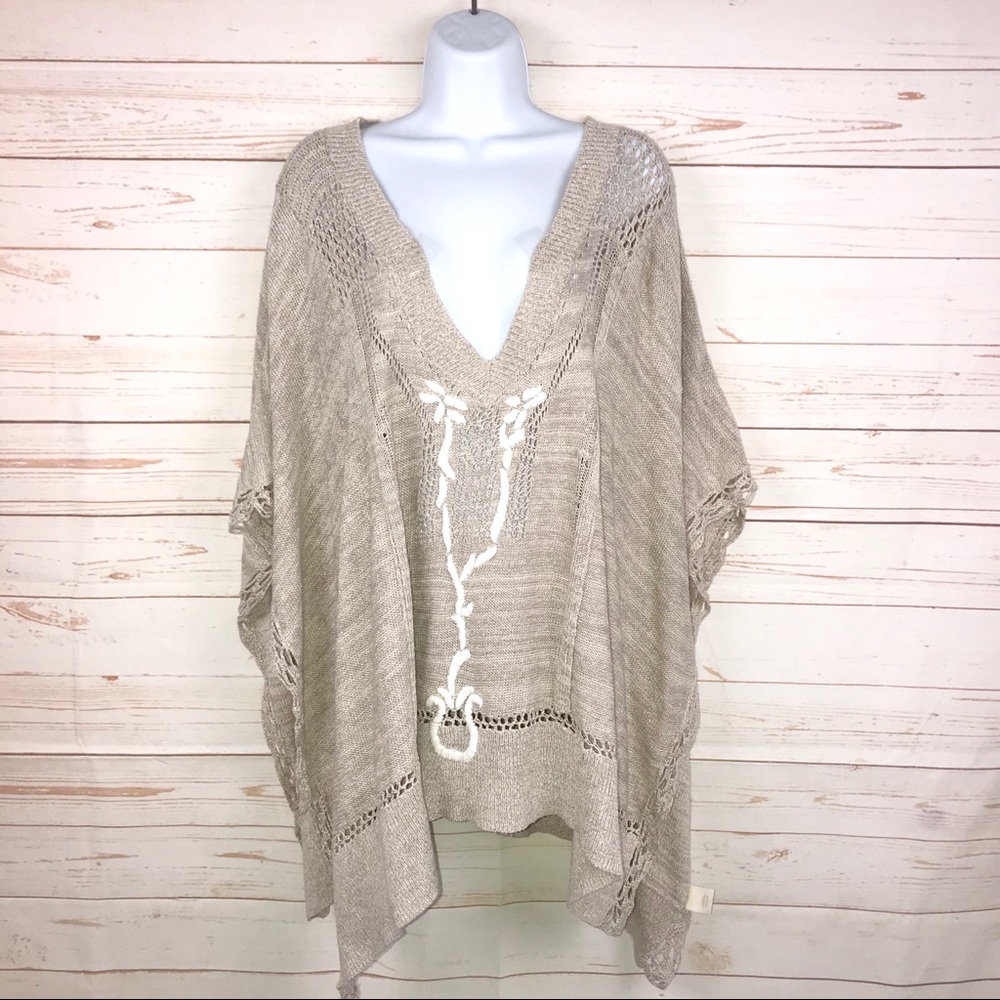 Free People Kona Pointelle Crochet Tan Knit Poncho - Picture 7 of 8